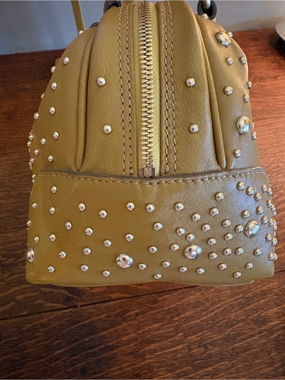 Burberry Orchard Studded Olive Leather Bowling Satchel Bag - Picture 7 of 17